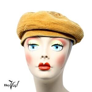 Vintage Gold Velvet Beret Hat with Top Stitching Lisette Tag 9" Across - Hey Viv
